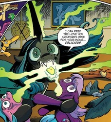 Size: 424x464 | Tagged: safe, artist:andy price, idw, official comic, king orion, queen chrysalis, changeling, pegasus, pony, twinkle eyed pony, fiendship is magic #5, g4, my little pony: fiendship is magic, spoiler:comic, background pony, changeling feeding, comic, draining, female, holeless, implied genocide, implied murder, male, mare, nightmare fuel, on back, stallion, tongue out, unnamed character, unnamed pony, wings, you know for kids