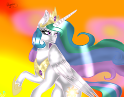 Size: 1041x810 | Tagged: safe, artist:lunafazbear201x, princess celestia, alicorn, pony, g4, crown, female, jewelry, peytral, rearing, regalia, simple background, solo