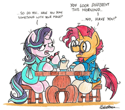 Size: 1953x1717 | Tagged: safe, artist:bobthedalek, starlight glimmer, sunburst, pony, unicorn, g4, bathrobe, bed mane, bread, clothes, dialogue, duo, female, food, male, mare, open mouth, robe, simple background, stallion, stool, table, teapot, toast, traditional art, white background, wrong color