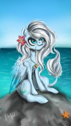 Size: 600x1067 | Tagged: safe, artist:black-opal1, oc, oc only, pegasus, pony, female, flower, flower in hair, locket, mare, ocean, rock, solo, water