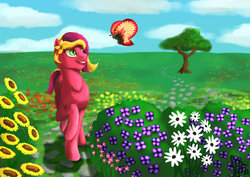 Size: 1280x905 | Tagged: safe, artist:hawkheart11, oc, oc only, oc:passion fruit, butterfly, earth pony, pony, female, flower, mare, raised hoof, solo, tree