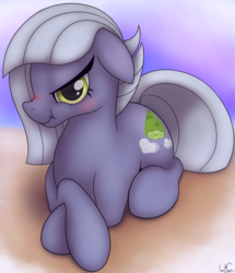 Size: 1676x1947 | Tagged: safe, artist:uncannycritter, limestone pie, earth pony, pony, g4, blushing, crossed hooves, female, floppy ears, grumpy, limetsun pie, looking at you, nose wrinkle, prone, scrunchy face, solo, tsundere