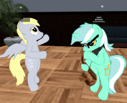 Size: 1002x814 | Tagged: safe, derpy hooves, lyra heartstrings, pegasus, pony, unicorn, semi-anthro, g4, 3d, :t, animated, bipedal, blinking, dab, dancing, duo, female, floppy ears, gif, hoof hold, lidded eyes, mare, musical instrument, necktie, nose wrinkle, saxophone, scrunchy face, second life, spread wings, sunglasses, text, wat, wings