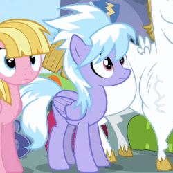 Size: 396x396 | Tagged: safe, screencap, bulk biceps, cloudchaser, meadow flower, pegasus, pony, g4, wonderbolts academy, animated, cropped, female, gasp, gif, male, mare, open mouth, solo focus, surprised