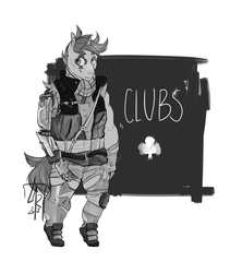 Size: 1000x1126 | Tagged: safe, oc, oc only, oc:clubs, unicorn, anthro, amputee, anthro oc, bionic arm, chubby, clothes, clovers, clubs, female, holey clothes, jacket, mare, monochrome, post-apocalyptic, prosthetic limb, prosthetics, scarf, short hair, solo, stockings, thigh highs, wasteland