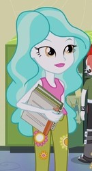 Size: 292x540 | Tagged: safe, screencap, crimson napalm, paisley, equestria girls, g4, my little pony equestria girls, cropped, female, flower, lockers, notebook, solo