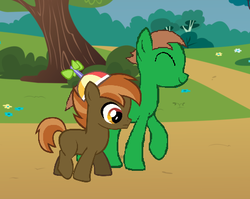 Size: 452x360 | Tagged: safe, button mash, oc, oc:ian, earth pony, pony, g4, colt, duo, flower, frown, gay purr-ee, happy, hat, male, propeller hat, raised hoof, self insert, smiling, stallion, tree, walking
