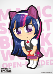 Size: 3508x4962 | Tagged: safe, artist:cakonde, twilight sparkle, human, g4, absurd resolution, big ears, big eyes, book, bookworm, chibi, clothes, cute, ears, female, humanized, magic, necktie, open-minded, purple, skirt, smart, socks, solo, typography, uniform, vector, vest, white