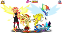 Size: 2271x1200 | Tagged: safe, artist:trungtranhaitrung, rainbow dash, sunset shimmer, equestria girls, g4, anniversary, crossover, daydream shimmer, daydream-ified, japanese, logo, male, my little pony logo, rivalry, shadow shimmer, shadow the hedgehog, simple background, sonic the hedgehog, sonic the hedgehog (series), super rainbow dash, super shadow, super sonic, transparent background