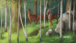 Size: 3840x2160 | Tagged: safe, artist:starblaze25, discord, deer, g4, 4k, deerified, detailed, eating, facial hair, featured image, forest, frown, glare, goatee, grass, high res, lidded eyes, looking at you, majestic as fuck, male, one of these things is not like the others, puffy cheeks, rock, scenery, species swap, tree, trio
