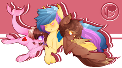 Size: 1280x718 | Tagged: safe, artist:anithedrawist, oc, oc only, oc:ashee, oc:phyra, oc:scotch, bat pony, original species, shark, shark pony, blushing, crossed hooves, eyes closed, looking at you, on back, prone, smiling, worried