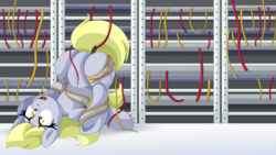 Size: 2560x1440 | Tagged: safe, artist:pearlyiridescence, derpy hooves, pegasus, pony, g4, banner, computer, derpy hooves tech support, featureless crotch, female, on back, open mouth, server, solo, tangled up, underhoof, upside down, wires