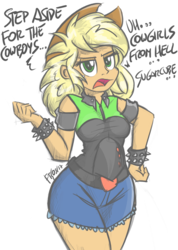 Size: 800x1122 | Tagged: safe, artist:flutterthrash, applejack, equestria girls, g4, alternate clothes, breasts, cowboys from hell, dialogue, female, pantera, reasonably sized breasts, simple background, solo, song reference, spiked wristband, white background, wristband