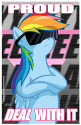 Size: 720x1105 | Tagged: safe, artist:texasuberalles, rainbow dash, pegasus, pony, g4, crossed hooves, deal with it, female, lesbian, meme, pink triangle, pride, solo, sunglasses