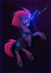 Size: 1414x2000 | Tagged: safe, artist:stasysolitude, fizzlepop berrytwist, tempest shadow, pony, unicorn, g4, my little pony: the movie, armor, badass, broken horn, concave belly, electricity, female, horn, rearing, slender, solo, thin