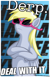 Size: 720x1109 | Tagged: safe, artist:texasuberalles, derpy hooves, pegasus, pony, g4, bipedal, crossed hooves, deal with it, female, frown, impact font, mare, meme, solo, sunglasses, wardrobe misuse