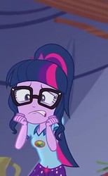 Size: 295x480 | Tagged: safe, screencap, sci-twi, twilight sparkle, equestria girls, g4, my little pony equestria girls: legend of everfree, camp everfree outfits, female, glasses, scared, solo