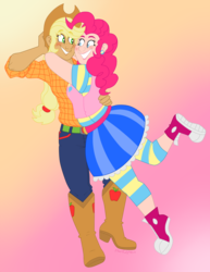 Size: 1000x1296 | Tagged: safe, artist:storfulsten, applejack, pinkie pie, human, g4, blushing, boots, clothes, converse, cowboy hat, gradient background, hat, hug, humanized, implied lesbian, implied shipping, leggings, pants, shirt, shoes, skirt, stetson