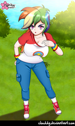 Size: 599x1000 | Tagged: safe, alternate version, artist:clouddg, rainbow dash, equestria girls, g4, my little pony equestria girls: legend of everfree, breasts, busty rainbow dash, clothes, converse, female, grass, human coloration, looking at you, multicolored hair, multiple variants, open mouth, pants, shirt, shoes, solo, standing