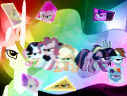 Size: 1600x1200 | Tagged: safe, artist:exnaider, applejack, fluttershy, pinkie pie, princess celestia, rainbow dash, rarity, twilight sparkle, alicorn, pony, g4, angry, female, mane six, mare, unamused, wallpaper