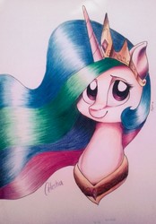 Size: 1470x2115 | Tagged: safe, artist:retromirage, princess celestia, alicorn, pony, g4, bust, crown, female, jewelry, looking at you, mare, peytral, portrait, regalia, simple background, solo, traditional art, white background