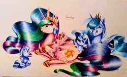 Size: 2475x1506 | Tagged: safe, artist:retromirage, princess celestia, princess luna, oc, alicorn, pony, g4, crown, female, jewelry, mare, peytral, prone, regalia, traditional art