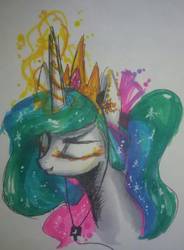 Size: 918x1246 | Tagged: safe, artist:goldenrainynight, princess celestia, alicorn, pony, g4, earbuds, eyes closed, female, magic, mare, simple background, solo, traditional art, white background