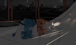 Size: 3000x1800 | Tagged: safe, artist:chapaevv, artist:littlemoshi, oc, oc only, advertisement, car, collaboration, commission, gangster, shooting, tommy gun