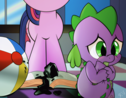 Size: 1427x1113 | Tagged: safe, artist:dsana, spike, twilight sparkle, dragon, pony, unicorn, g4, accident, baby, baby spike, ball, beach ball, book, filly, filly twilight sparkle, guilty, ink, sad, younger