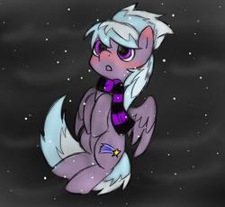 Size: 781x720 | Tagged: safe, artist:sunshine-heart, cloudchaser, g4, backwards cutie mark, clothes, female, flying, scarf, snow, snowfall, solo