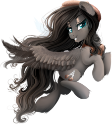 Size: 1580x1750 | Tagged: safe, artist:meotashie, oc, oc only, oc:louise, pegasus, pony, clothes, ear fluff, female, flying, hat, long mane, scarf, simple background, smiling, solo, transparent background