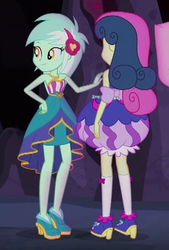 Size: 300x444 | Tagged: safe, screencap, bon bon, lyra heartstrings, sweetie drops, equestria girls, g4, my little pony equestria girls: legend of everfree, bloomers, clothes, crystal gala, dress, high heels, shoes, socks