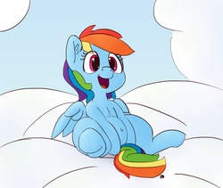 Size: 1280x1081 | Tagged: safe, artist:pabbley, color edit, edit, rainbow dash, pony, g4, belly, belly button, cloud, colored, cute, dashabetes, female, open mouth, sitting, smiling, solo