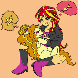 Size: 1000x1000 | Tagged: safe, artist:raika0306, adagio dazzle, sunset shimmer, pony, unicorn, equestria girls, g4, my little pony equestria girls: rainbow rocks, boots, clothes, equestria girls ponified, female, floppy ears, high heel boots, jacket, leather jacket, lesbian, ponified, ship:sunsagio, shipping, simple background
