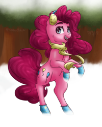 Size: 1600x2000 | Tagged: safe, artist:pastellanotes, pinkie pie, pony, g4, bipedal, clothes, earmuffs, female, scarf, snow, solo
