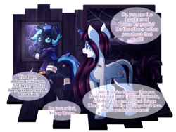 Size: 1500x1125 | Tagged: safe, artist:vavacung, oc, oc only, oc:crystal bloom, oc:young queen, changeling, hybrid, pony, unicorn, bandage, blue changeling, changeling oc, clothes, dialogue, female, lightning, mare, patreon reward, rain, scarf, speech bubble, spider web, storm, window