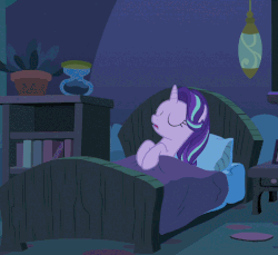 Size: 736x673 | Tagged: safe, screencap, starlight glimmer, pony, g4, to where and back again, animated, bed, female, gif, hourglass, solo, starlight's room