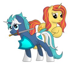 Size: 2500x2200 | Tagged: safe, artist:cloudy95, oc, oc only, oc:leaf spark, pony, unicorn, female, high res, male, mare, mouth hold, shield, simple background, stallion, sword, transparent background, weapon