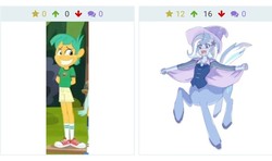 Size: 718x425 | Tagged: safe, artist:misochikin, edit, edited screencap, screencap, snails, trixie, centaur, derpibooru, equestria girls, g4, my little pony equestria girls: legend of everfree, camp everfree outfits, cape, clothes, converse, hat, juxtaposition, meta, shoes, smiling