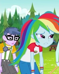 Size: 381x480 | Tagged: safe, screencap, micro chips, rainbow dash, equestria girls, g4, my little pony equestria girls: legend of everfree, camp everfree outfits, captain planet's arm, clothes, glasses, pants, shorts