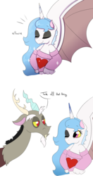 Size: 2893x5487 | Tagged: safe, artist:marukouhai, discord, oc, oc:eris, hybrid, g4, clothes, eyes closed, father and daughter, heart, high res, interspecies offspring, offspring, one eye closed, parent:discord, parent:princess celestia, parents:dislestia, shoulderless, sweater