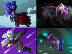 Size: 1024x768 | Tagged: safe, artist:chiarinuk, discord, king sombra, princess cadance, princess celestia, princess luna, queen chrysalis, starlight glimmer, twilight sparkle, alicorn, draconequus, hybrid, pony, g4, alicorn tetrarchy, bevor, boots, cave, chestplate, clothes, colored horn, criniere, croupiere, cuirass, curved horn, fauld, flying, fusion, gorget, horn, jagged horn, jewelry, nightmare night, peytral, plackart, shoes, shooting stars, snow, snowfall, sombra horn, sombra's cape, sombra's robe, staff, staff of sameness, tiara, twilight sparkle (alicorn)