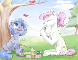 Size: 1280x989 | Tagged: safe, artist:silfoe, princess celestia, princess luna, bird, butterfly, earth pony, pony, royal sketchbook, g4, :t, cute, cutelestia, duo, earth pony celestia, earth pony luna, eating, eyes closed, eyes on the prize, female, filly, filly celestia, filly luna, food, freckles, grapes, grass, herbivore, hoof hold, looking up, lunabetes, mare, outdoors, picnic, pink-mane celestia, ponytail, race swap, raised hoof, sandwich, scenery, sitting, tree, underhoof, woona, younger