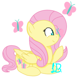 Size: 1000x1000 | Tagged: safe, artist:midnight-zpirit082, fluttershy, butterfly, pegasus, pony, g4, cute, cutie mark background, female, folded wings, insect on nose, looking at something, profile, prone, raised hoof, shyabetes, simple background, solo, transparent background