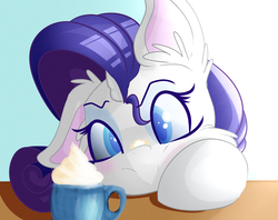 Size: 2184x1726 | Tagged: safe, artist:asimplerarity, rarity, pony, unicorn, g4, coffee, female, floppy ears, food, latte, rarity looking at food, solo
