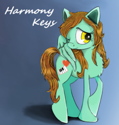 Size: 1944x2049 | Tagged: safe, artist:chopsticks, oc, oc only, oc:harmony keys, pegasus, pony, chest fluff, commission, cutie mark, female, gradient background, mare, shy, solo