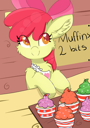 Size: 2893x4092 | Tagged: safe, artist:meowmavi, apple bloom, earth pony, pony, g4, adorabloom, apron, chest fluff, clothes, cute, ear fluff, female, food, heart eyes, high res, muffin, sign, smiling, solo, tray, wingding eyes