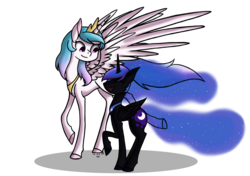 Size: 2893x2039 | Tagged: safe, artist:drekisaga, nightmare moon, princess celestia, alicorn, pony, g4, crown, high res, jewelry, nicemare moon, peytral, raised hoof, regalia, simple background, spread wings, white background