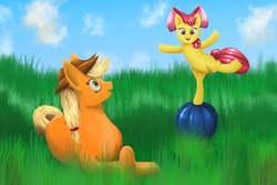 Size: 4500x3000 | Tagged: safe, artist:hawkheart11, apple bloom, applejack, earth pony, pony, g4, balancing, ball, duo, grass, high res, prone