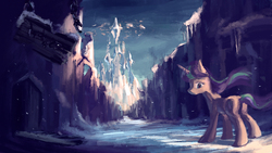 Size: 1653x930 | Tagged: safe, artist:plainoasis, starlight glimmer, pony, g4, castle, crystal empire, female, looking back, scenery, snow, solo, wasteland